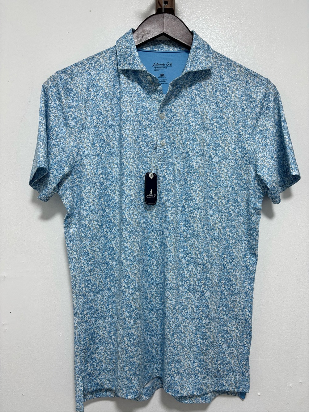 Johnnie-O Men's Performance Golf Polo Light Blue Micro Floral Pattern Size small